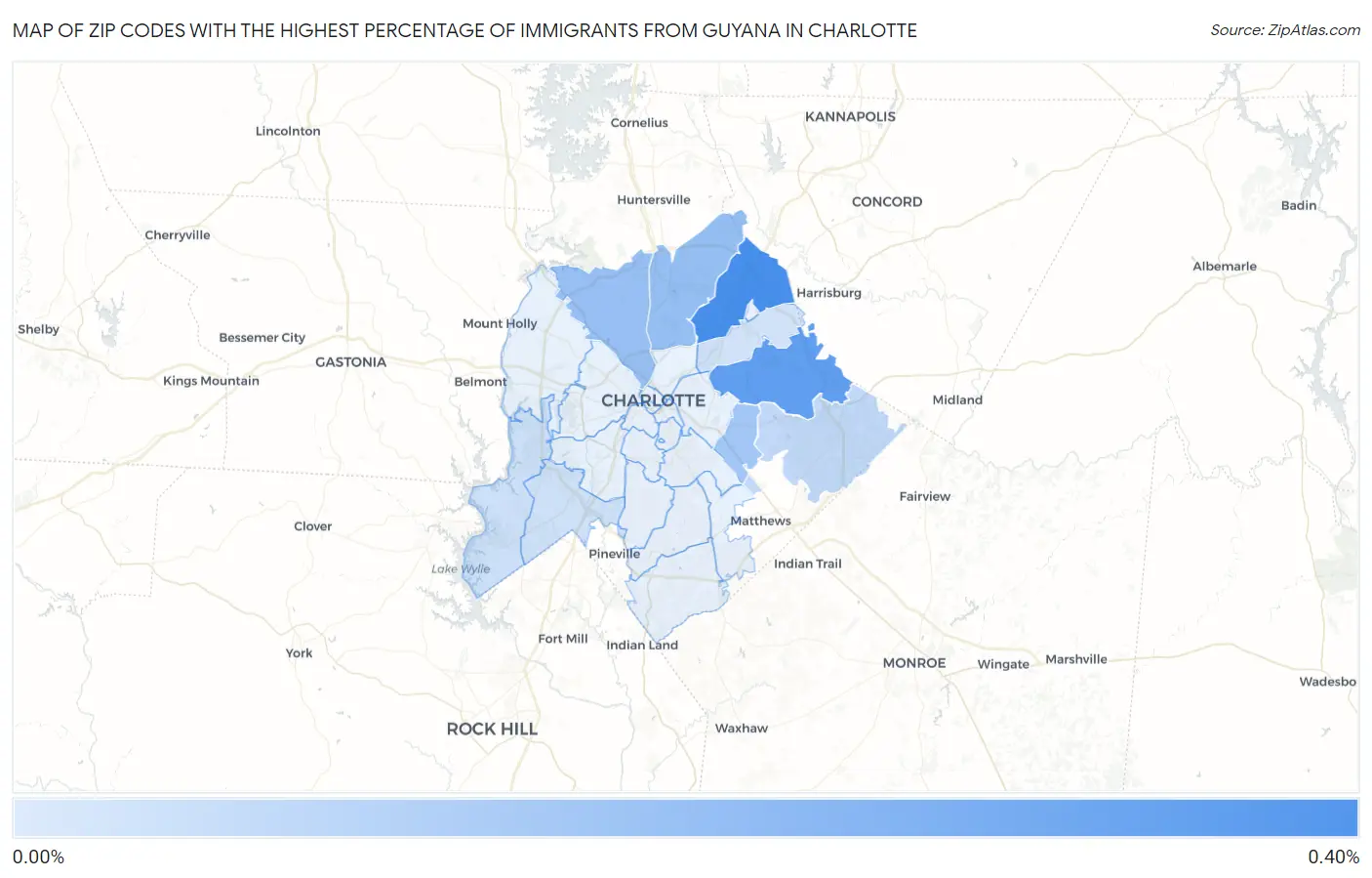 Zip Codes with the Highest Percentage of Immigrants from Guyana in Charlotte Map