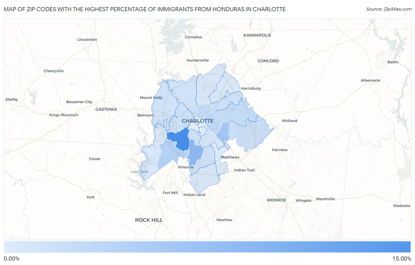 Zip Codes with the Highest Percentage of Immigrants from Honduras in Charlotte Map
