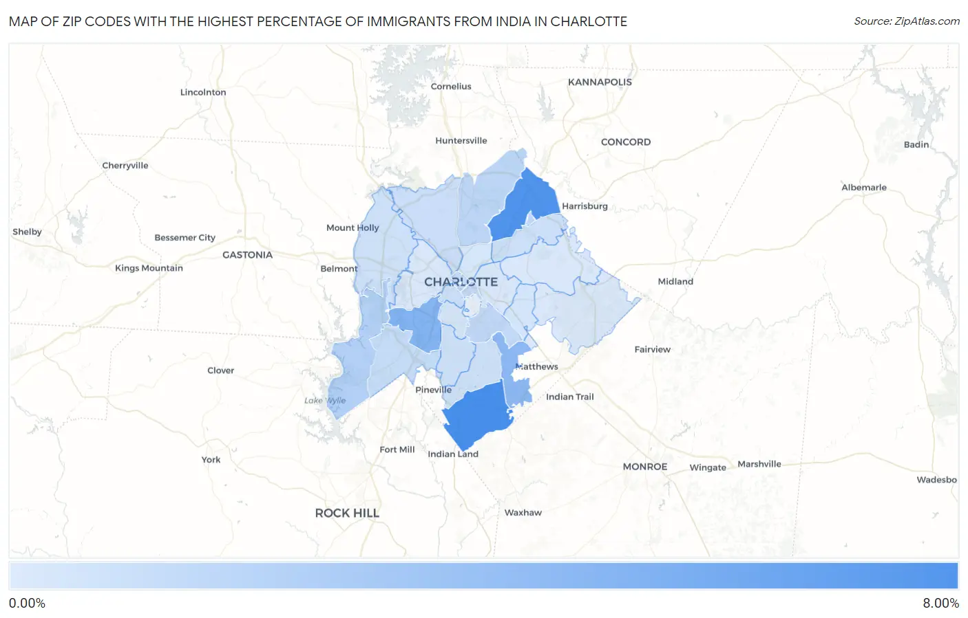 Zip Codes with the Highest Percentage of Immigrants from India in Charlotte Map