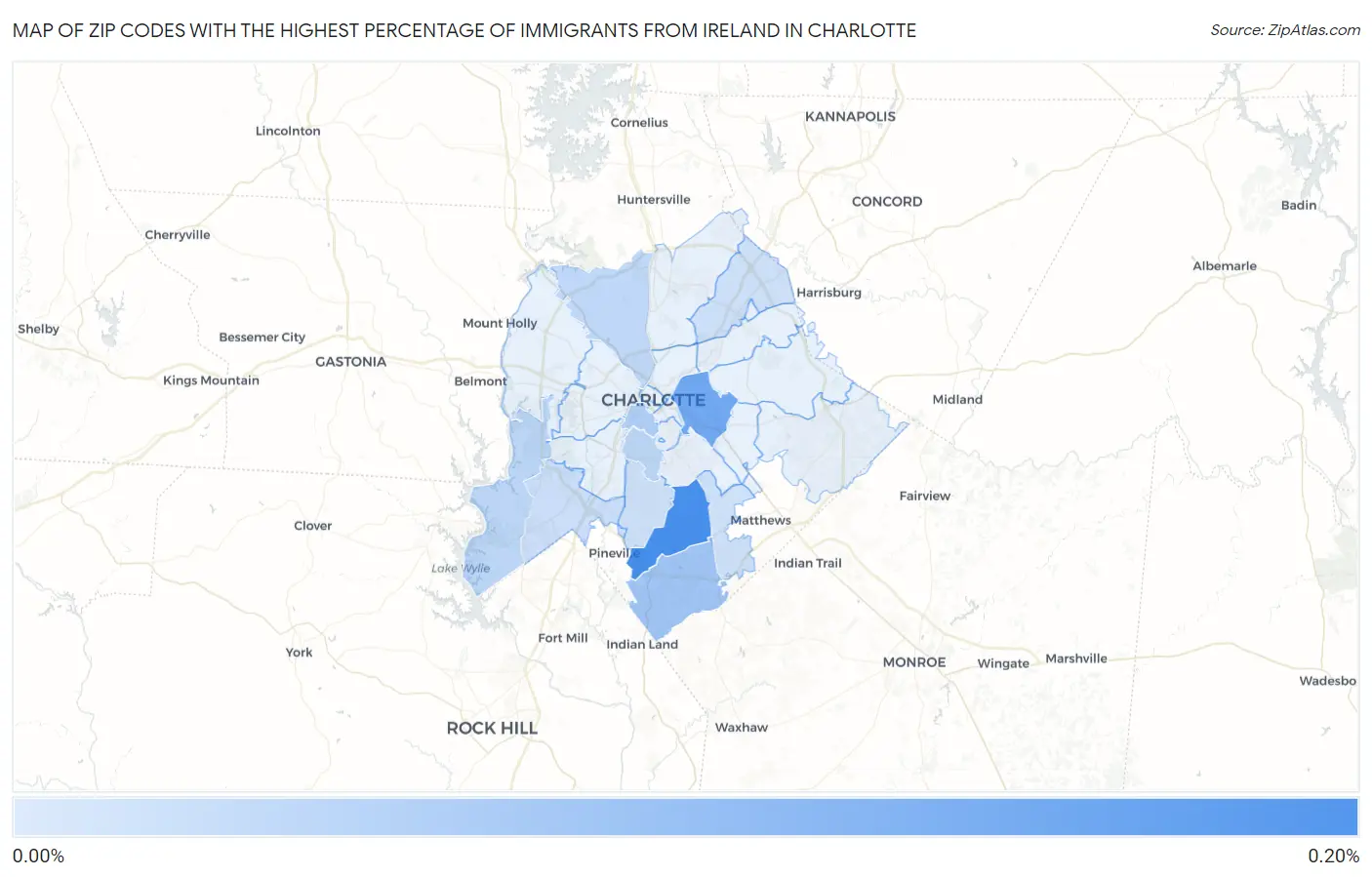 Zip Codes with the Highest Percentage of Immigrants from Ireland in Charlotte Map