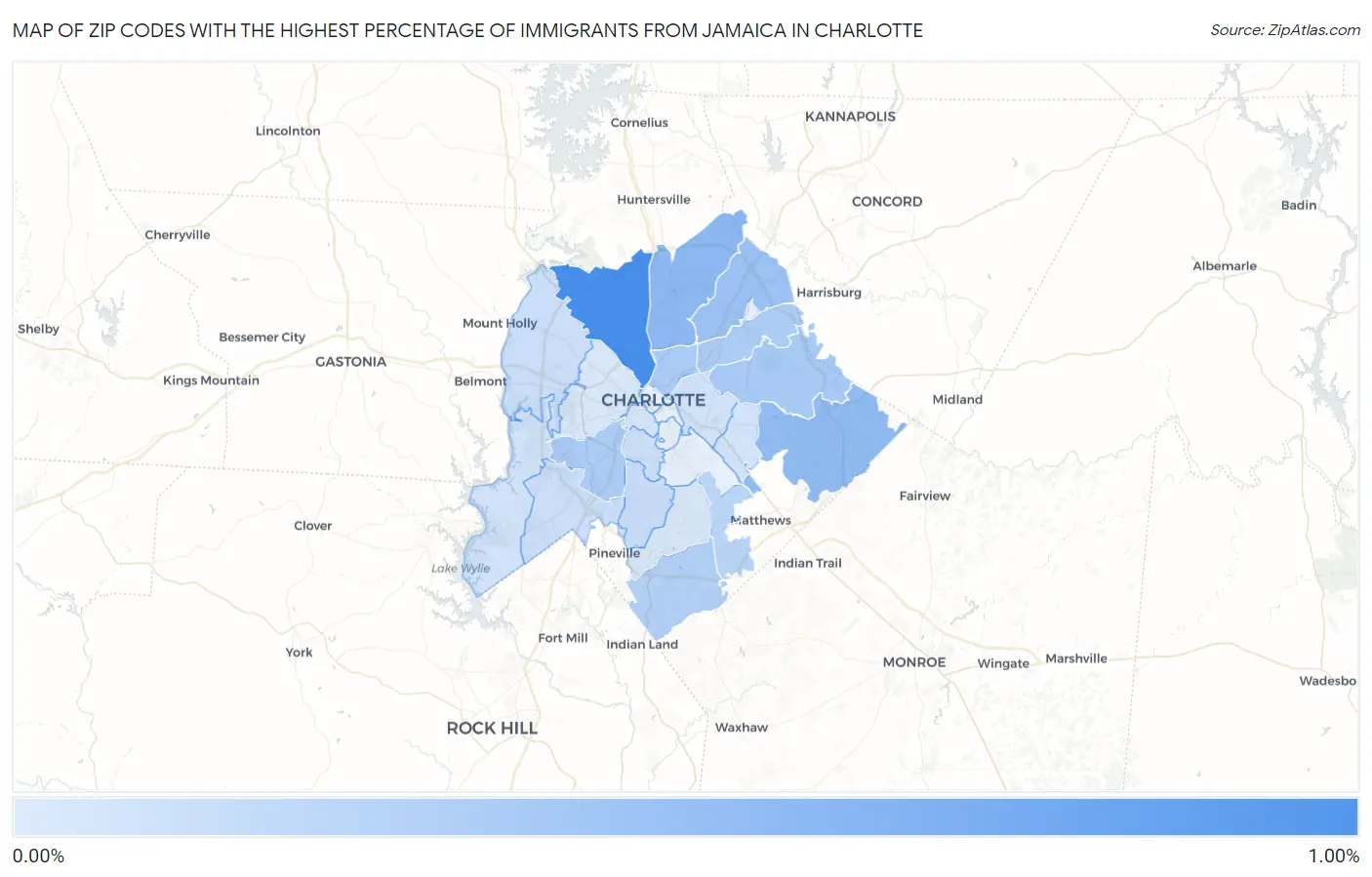 Zip Codes with the Highest Percentage of Immigrants from Jamaica in Charlotte Map