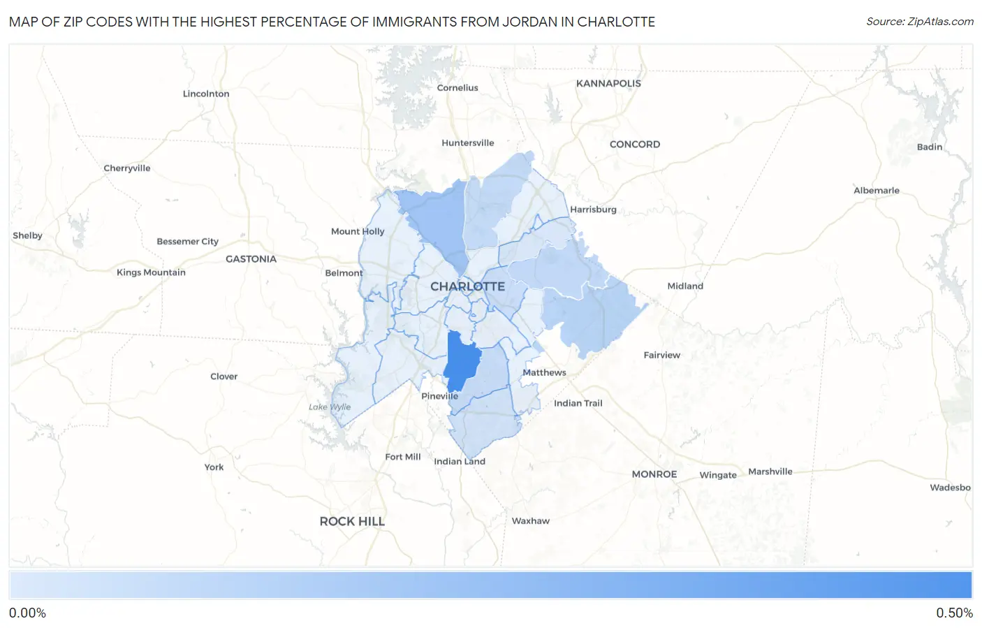 Zip Codes with the Highest Percentage of Immigrants from Jordan in Charlotte Map