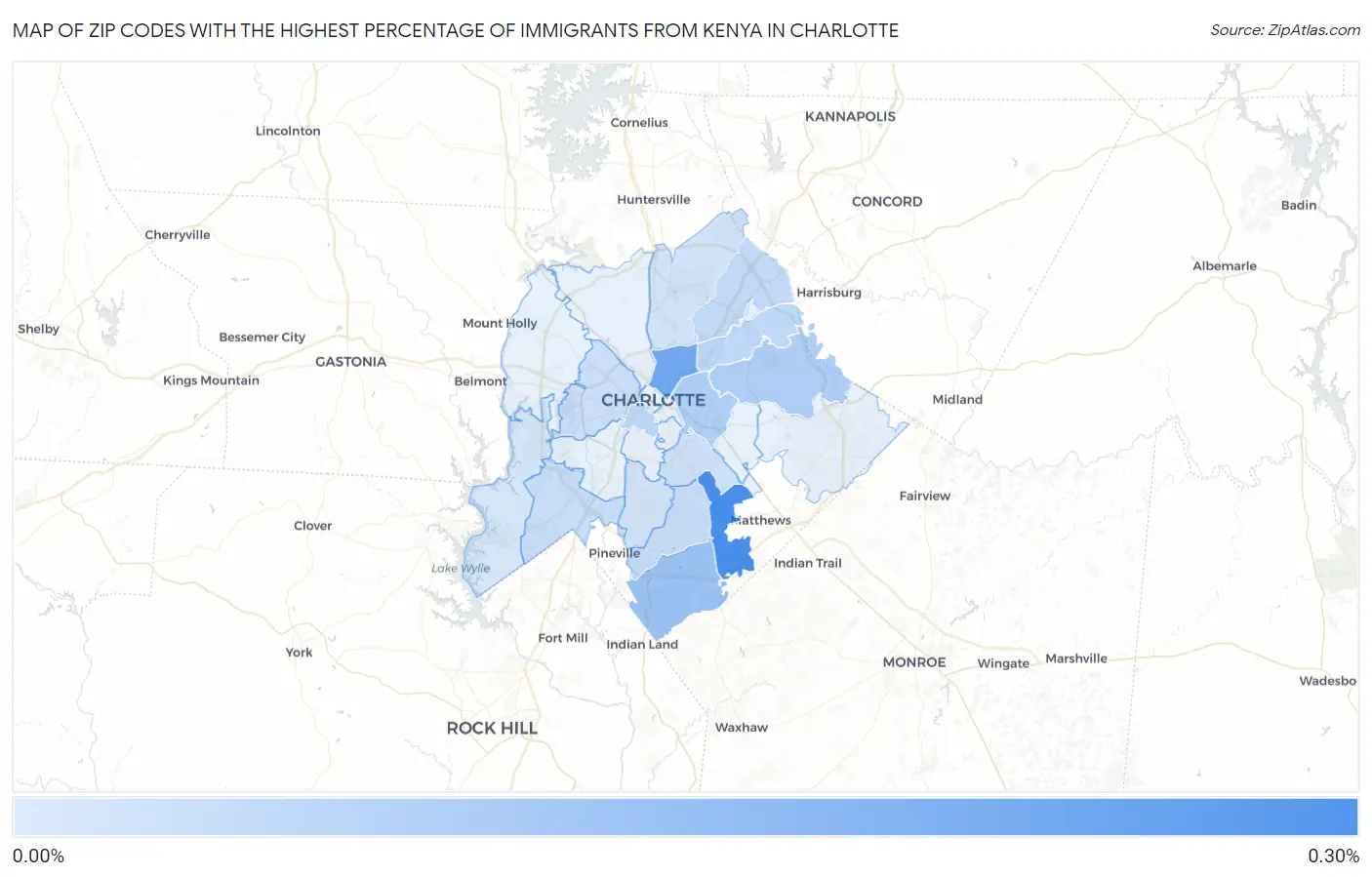 Zip Codes with the Highest Percentage of Immigrants from Kenya in Charlotte Map