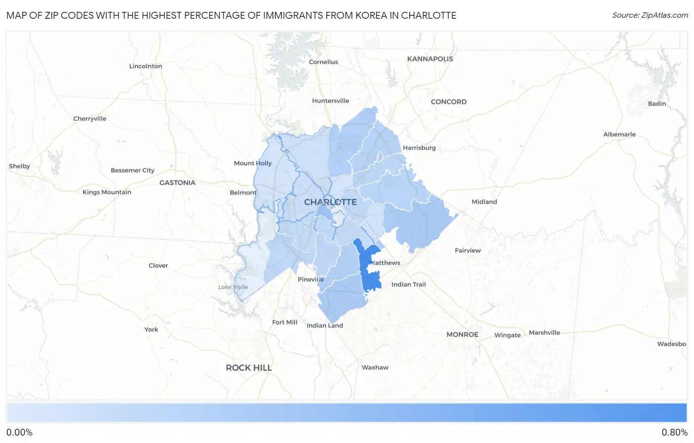 Zip Codes with the Highest Percentage of Immigrants from Korea in Charlotte Map