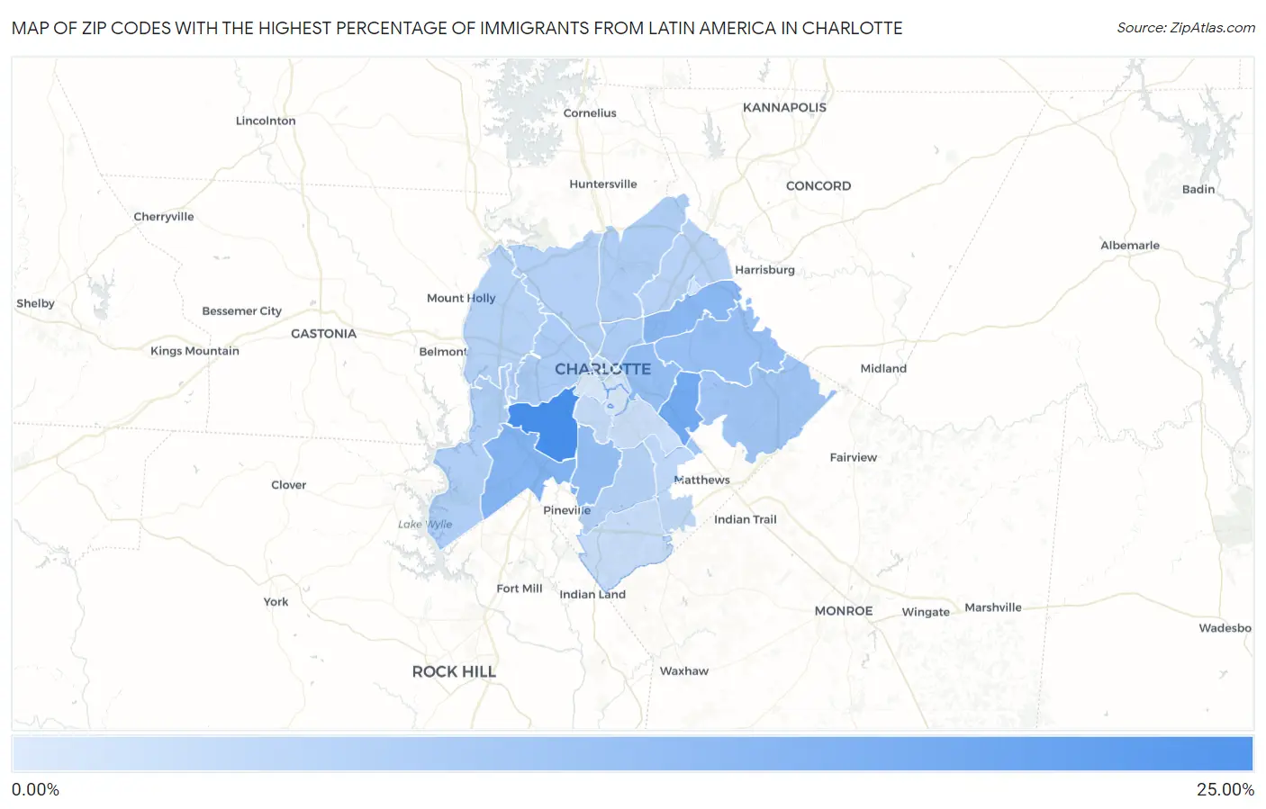 Zip Codes with the Highest Percentage of Immigrants from Latin America in Charlotte Map