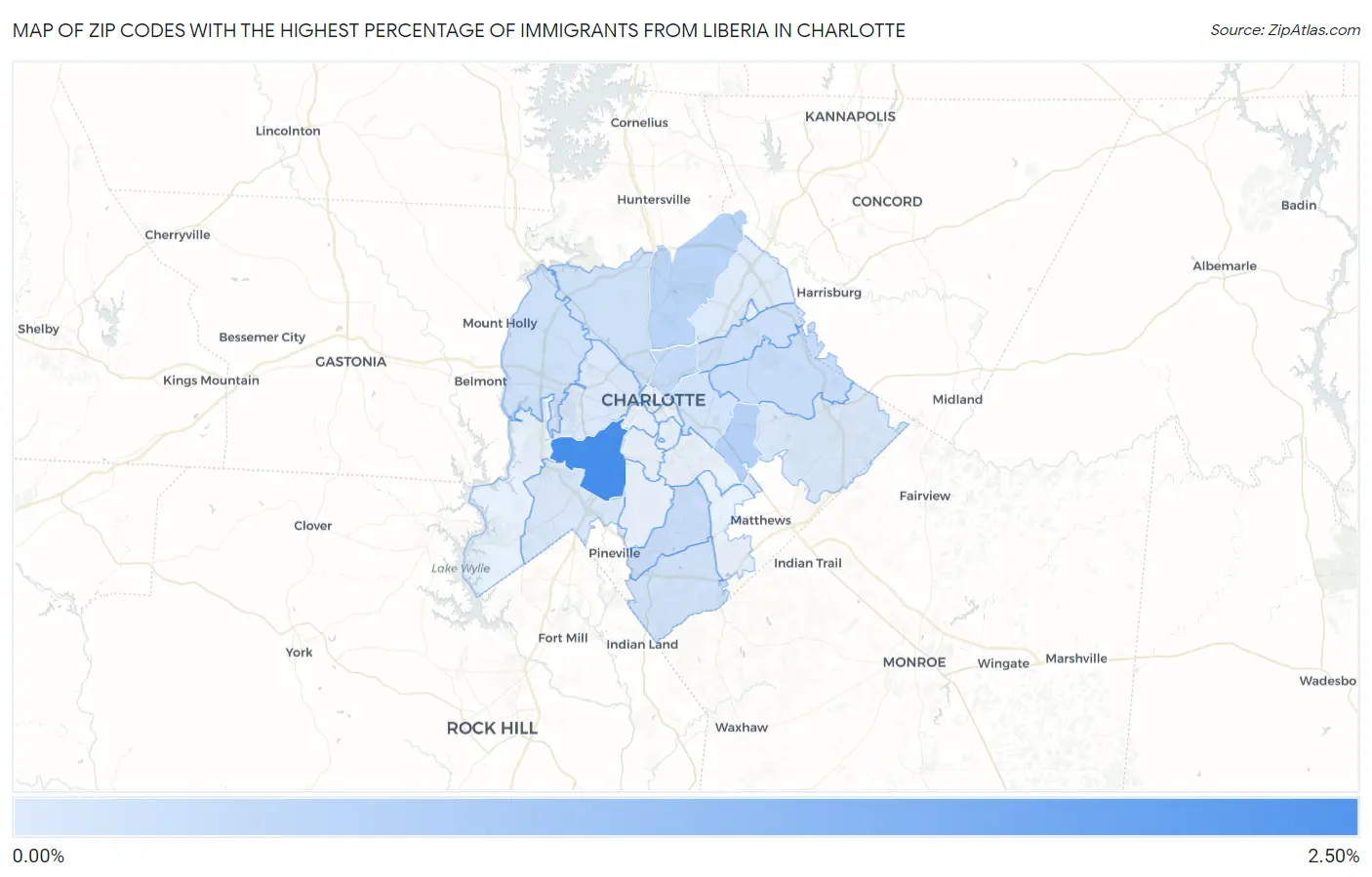 Zip Codes with the Highest Percentage of Immigrants from Liberia in Charlotte Map