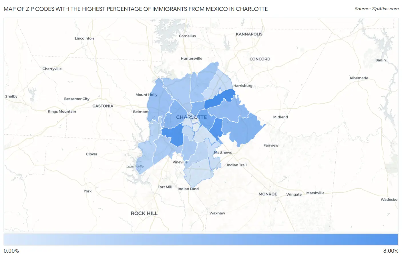 Zip Codes with the Highest Percentage of Immigrants from Mexico in Charlotte Map