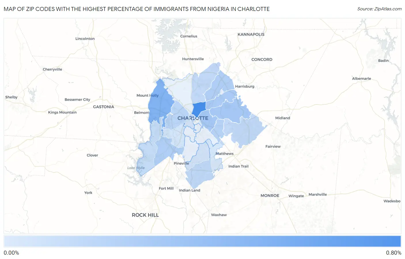Zip Codes with the Highest Percentage of Immigrants from Nigeria in Charlotte Map