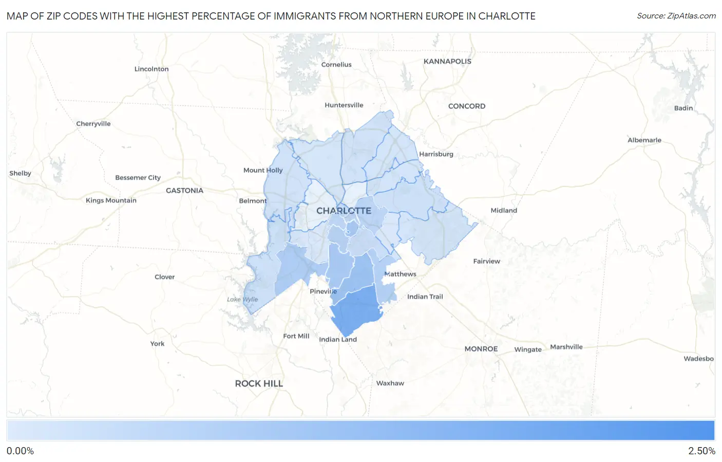 Zip Codes with the Highest Percentage of Immigrants from Northern Europe in Charlotte Map