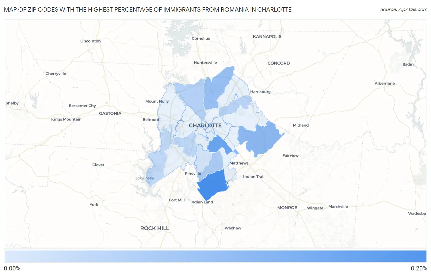 Zip Codes with the Highest Percentage of Immigrants from Romania in Charlotte Map