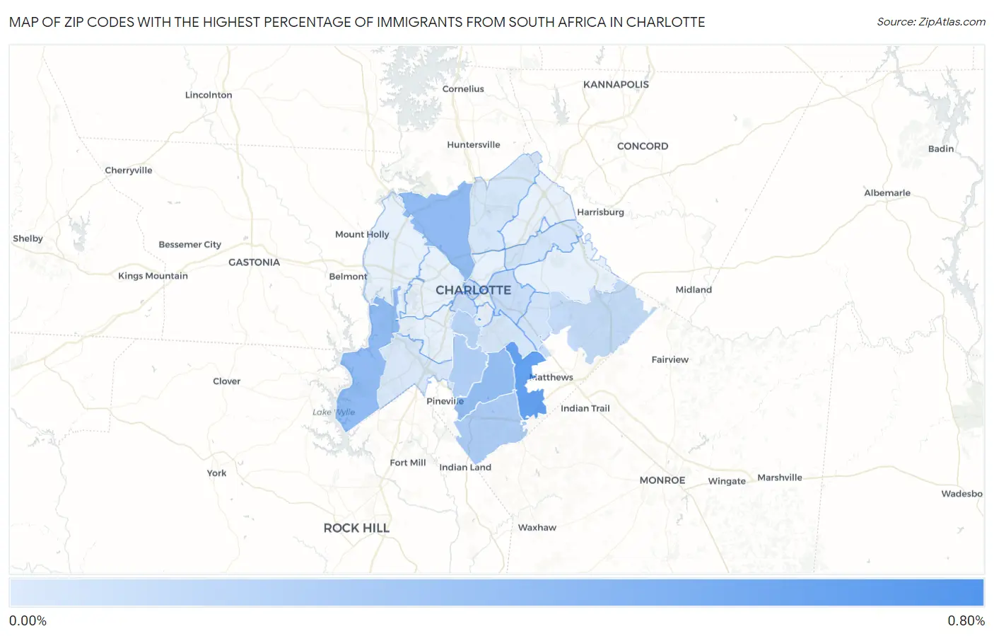 Zip Codes with the Highest Percentage of Immigrants from South Africa in Charlotte Map