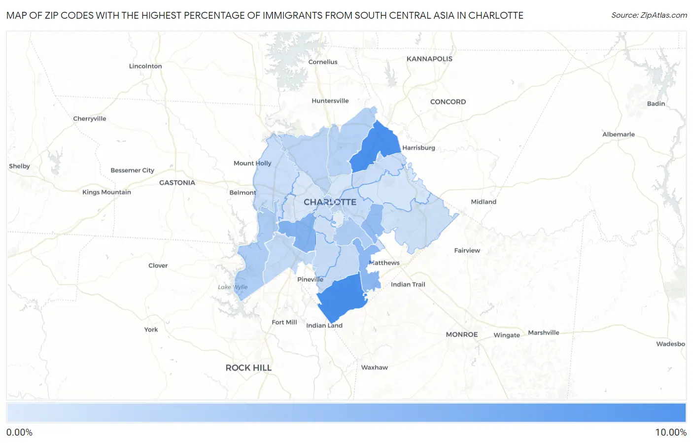 Zip Codes with the Highest Percentage of Immigrants from South Central Asia in Charlotte Map