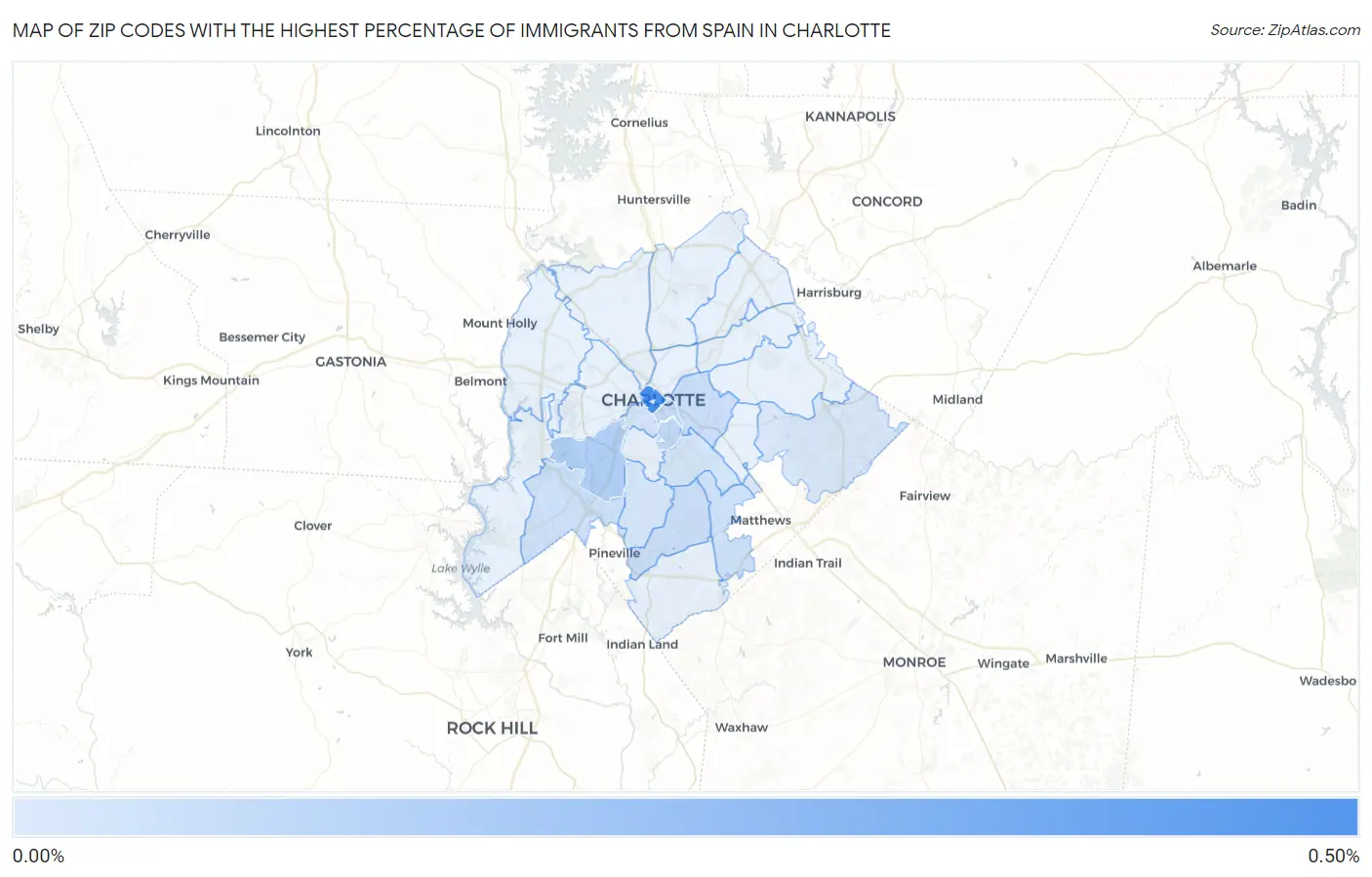 Zip Codes with the Highest Percentage of Immigrants from Spain in Charlotte Map