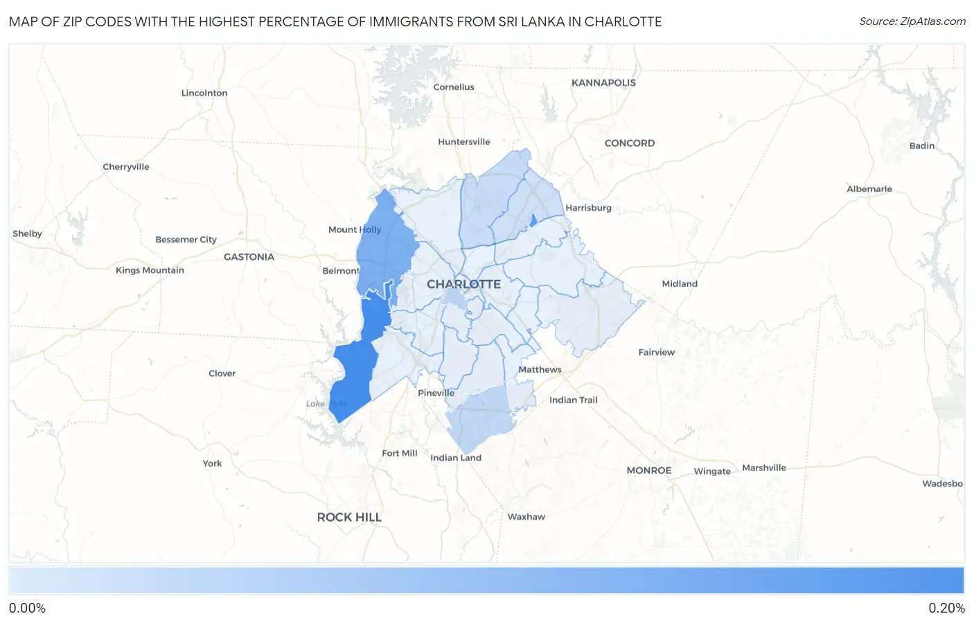 Zip Codes with the Highest Percentage of Immigrants from Sri Lanka in Charlotte Map