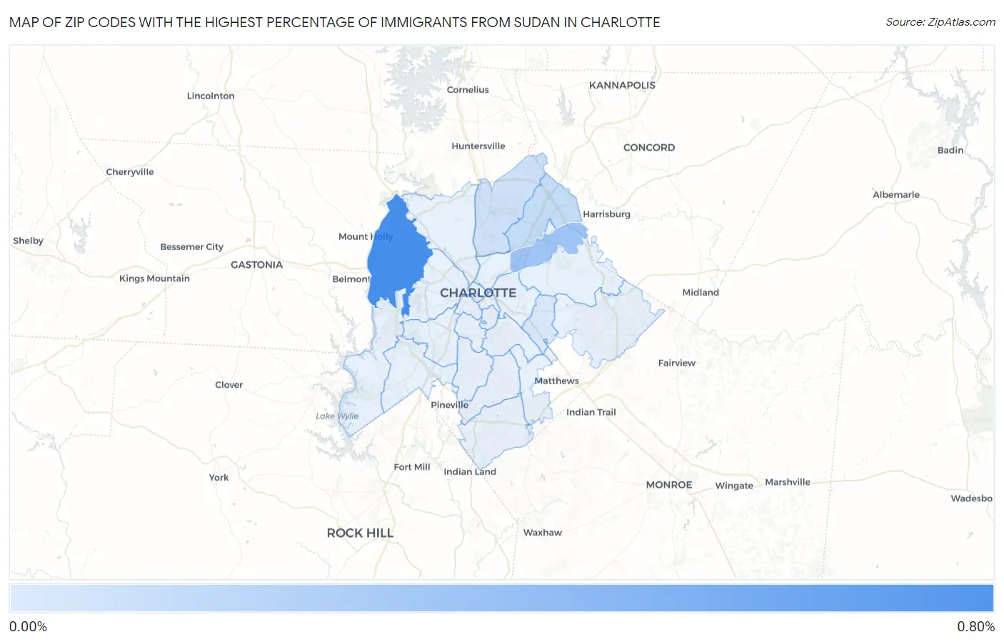 Zip Codes with the Highest Percentage of Immigrants from Sudan in Charlotte Map