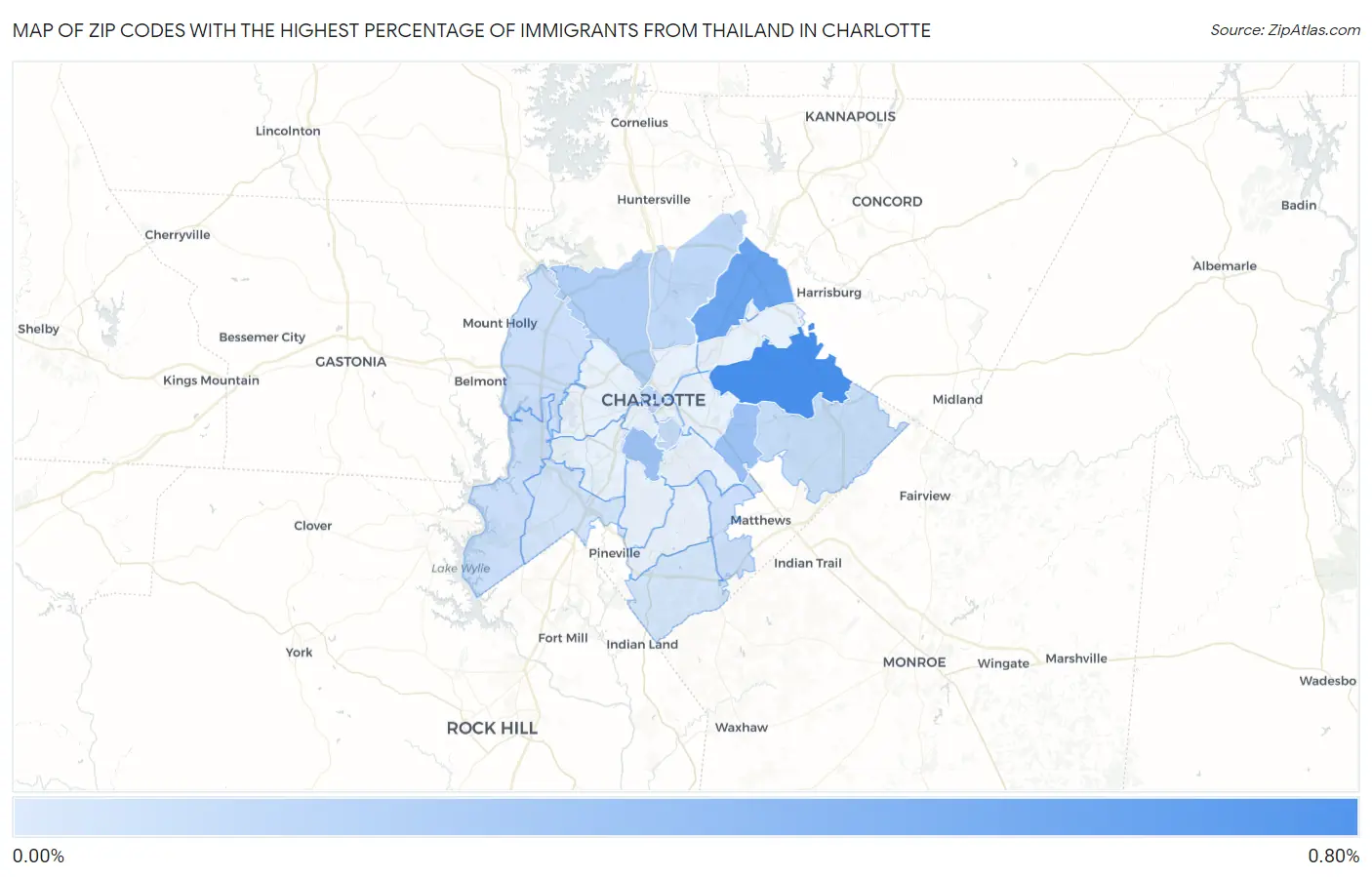 Zip Codes with the Highest Percentage of Immigrants from Thailand in Charlotte Map