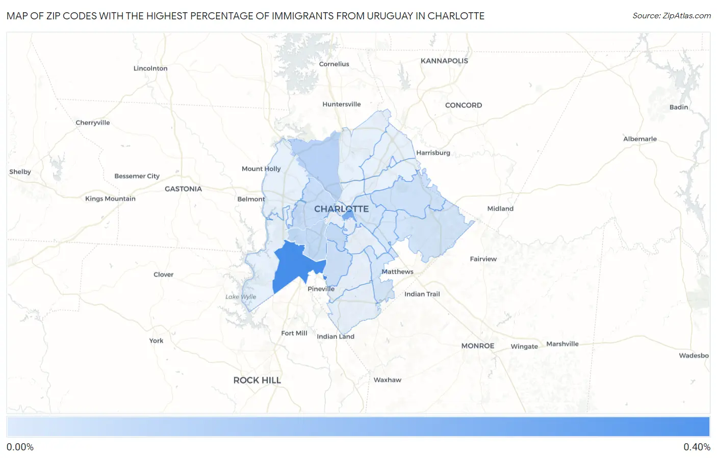 Zip Codes with the Highest Percentage of Immigrants from Uruguay in Charlotte Map