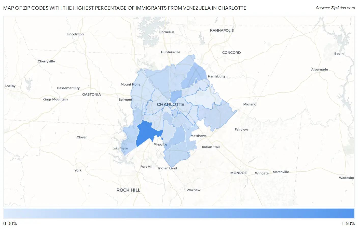 Zip Codes with the Highest Percentage of Immigrants from Venezuela in Charlotte Map