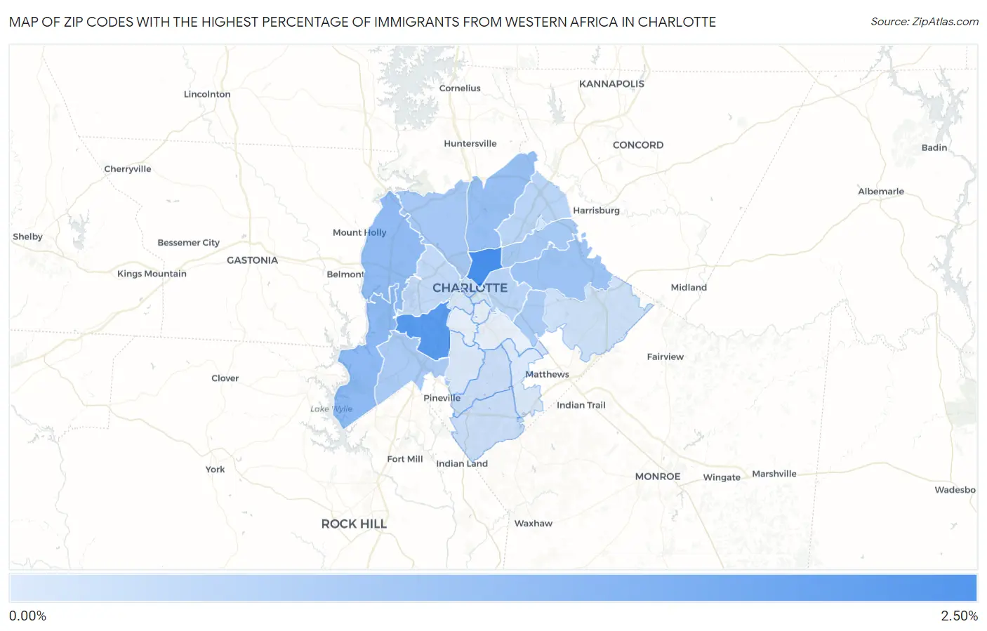 Zip Codes with the Highest Percentage of Immigrants from Western Africa in Charlotte Map