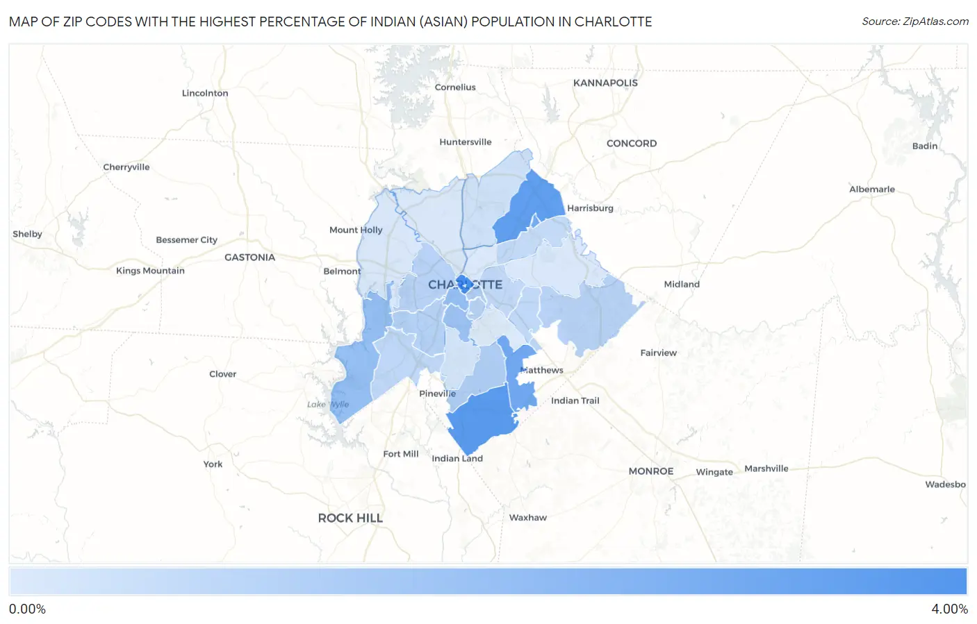 Zip Codes with the Highest Percentage of Indian (Asian) Population in Charlotte Map