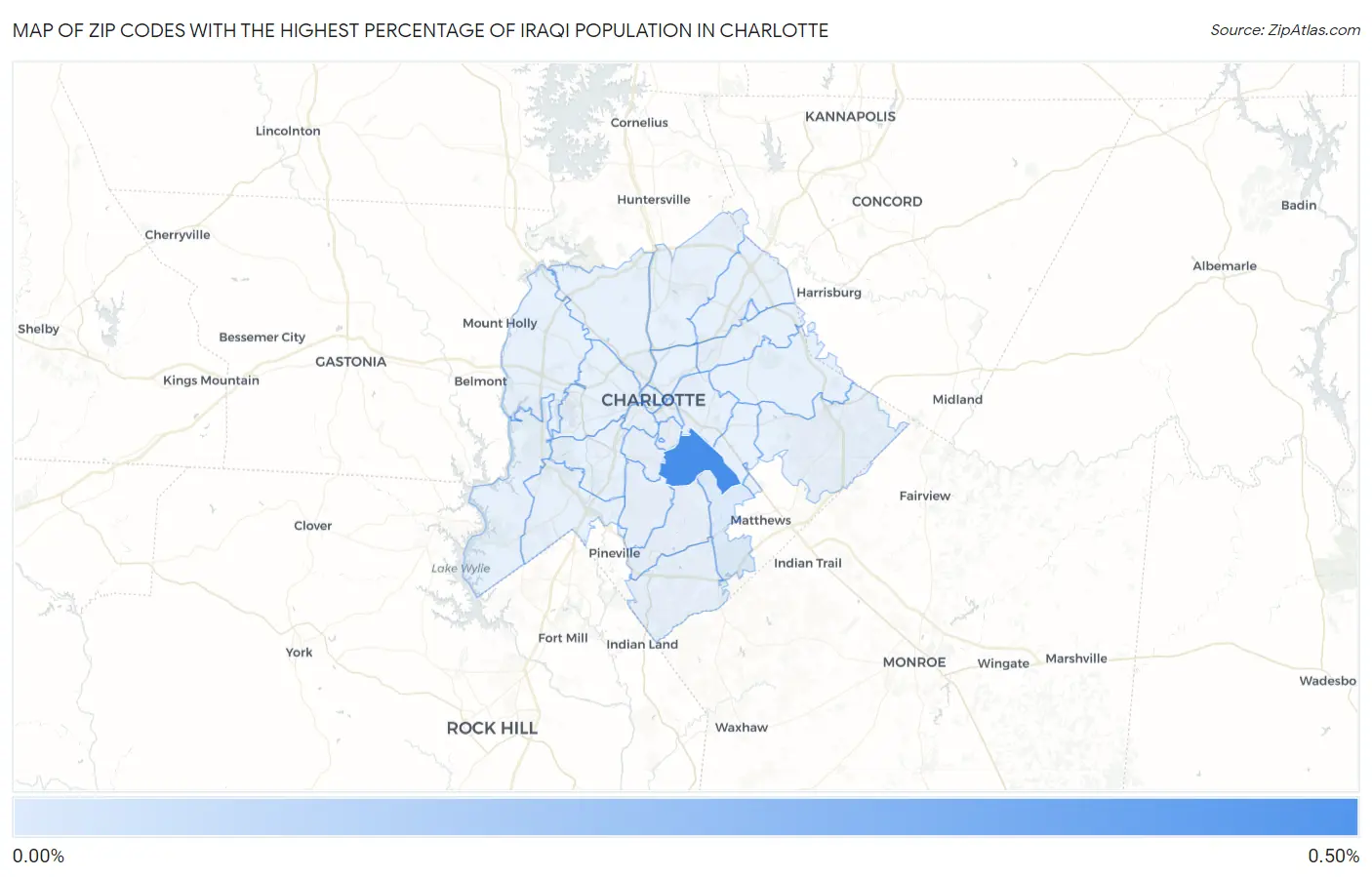Zip Codes with the Highest Percentage of Iraqi Population in Charlotte Map