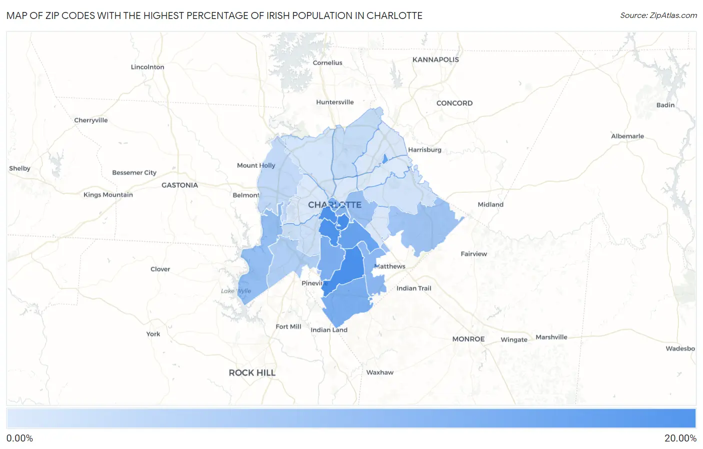 Zip Codes with the Highest Percentage of Irish Population in Charlotte Map