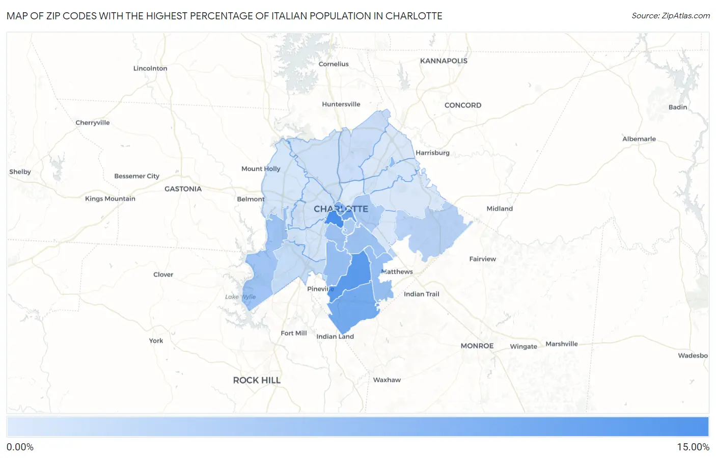 Zip Codes with the Highest Percentage of Italian Population in Charlotte Map