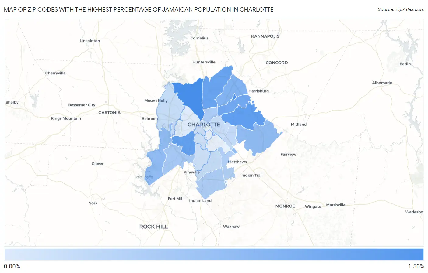 Zip Codes with the Highest Percentage of Jamaican Population in Charlotte Map