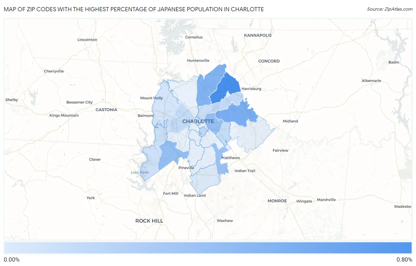 Zip Codes with the Highest Percentage of Japanese Population in Charlotte Map