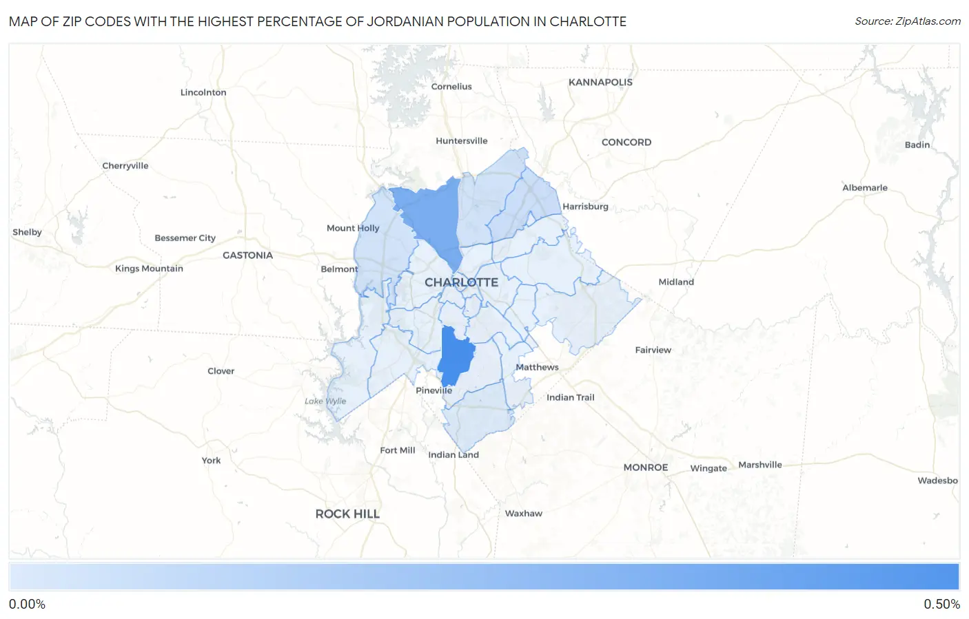 Zip Codes with the Highest Percentage of Jordanian Population in Charlotte Map
