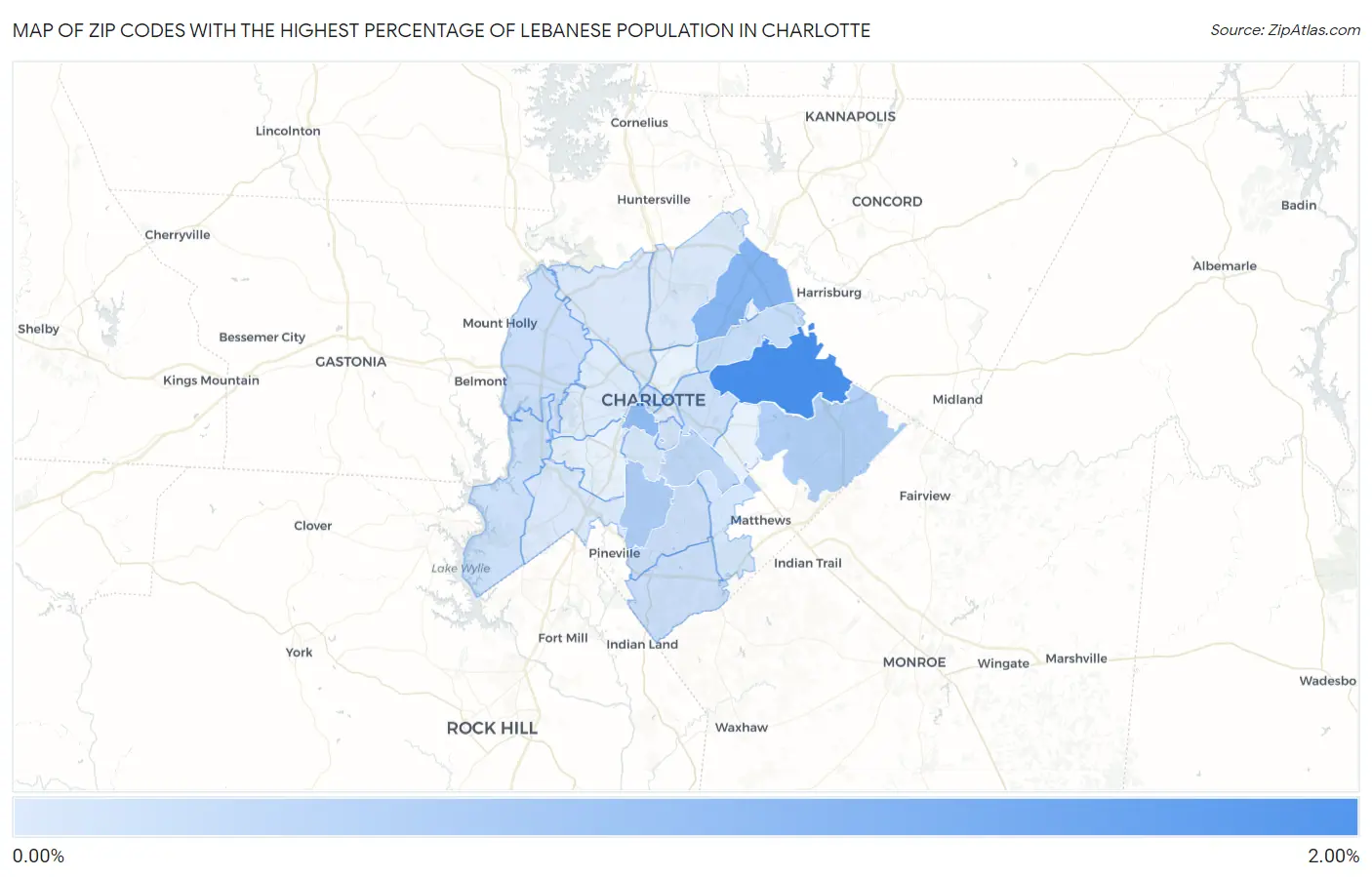 Zip Codes with the Highest Percentage of Lebanese Population in Charlotte Map