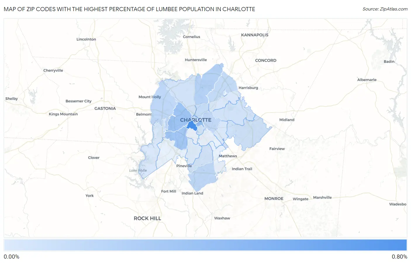 Zip Codes with the Highest Percentage of Lumbee Population in Charlotte Map