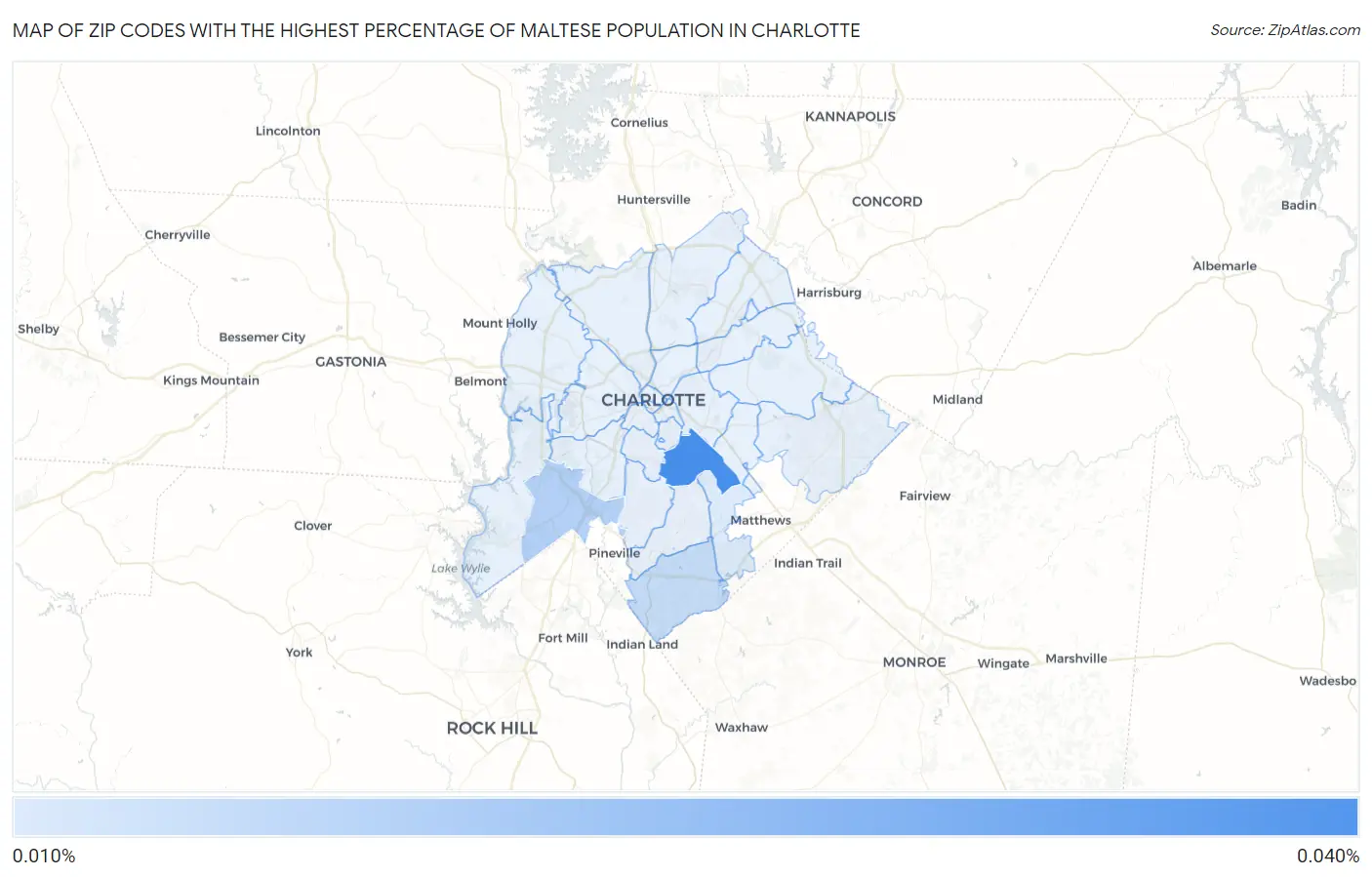 Zip Codes with the Highest Percentage of Maltese Population in Charlotte Map
