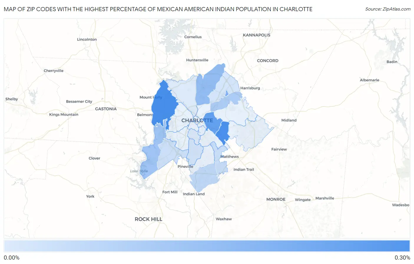 Zip Codes with the Highest Percentage of Mexican American Indian Population in Charlotte Map