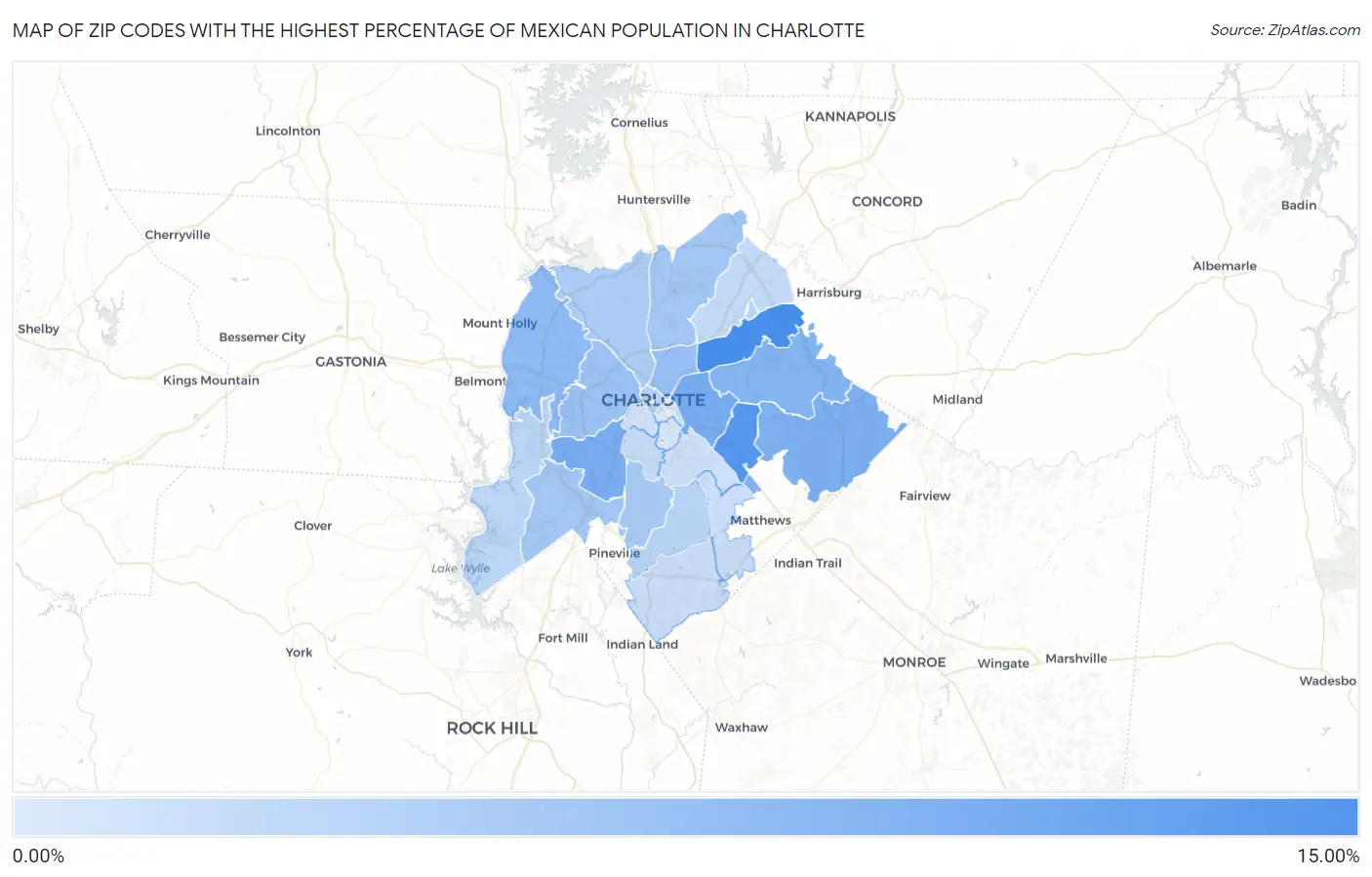 Zip Codes with the Highest Percentage of Mexican Population in Charlotte Map