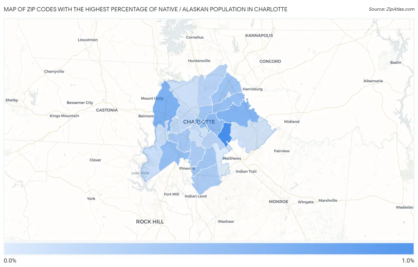 Zip Codes with the Highest Percentage of Native / Alaskan Population in Charlotte Map