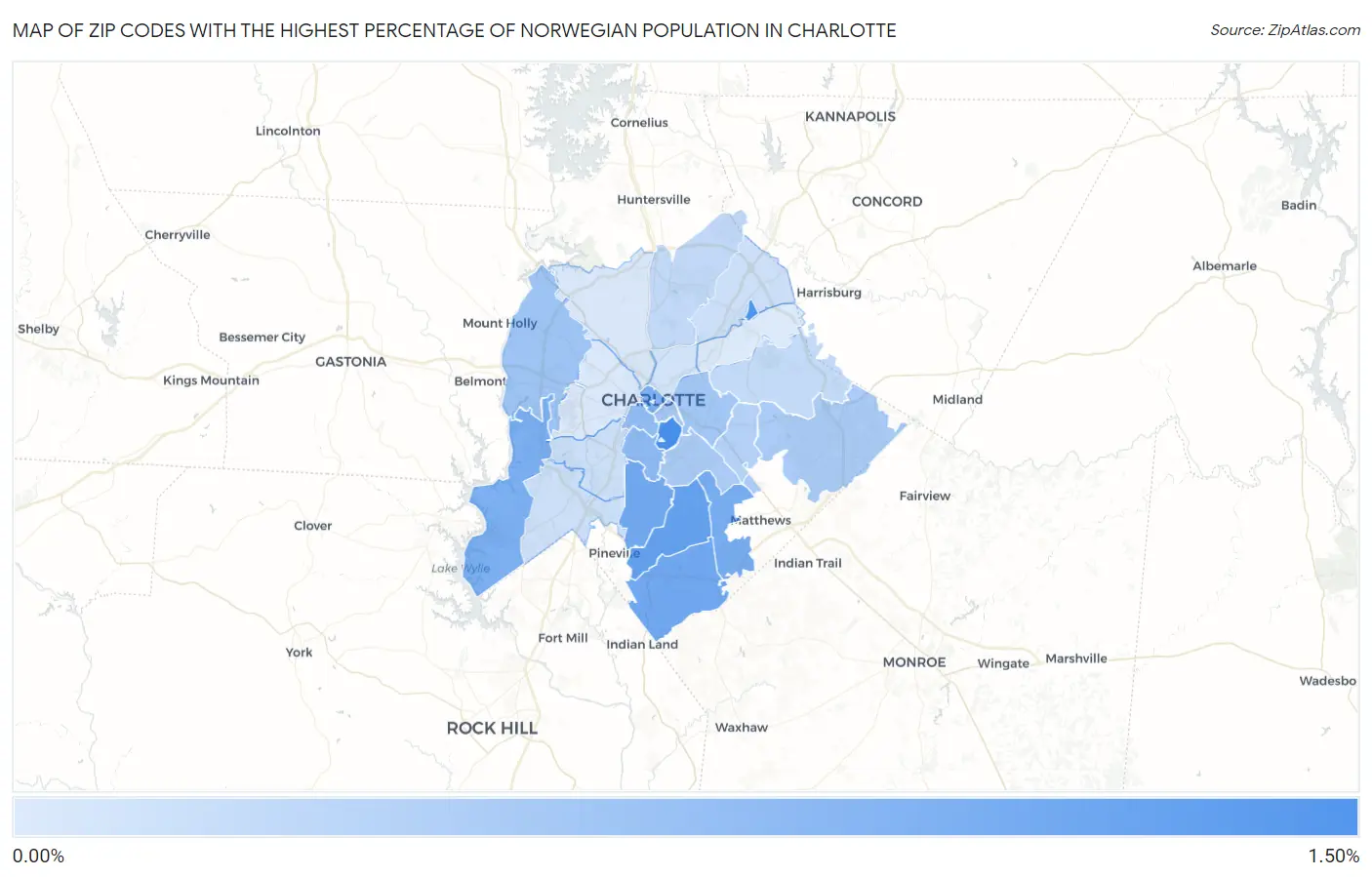 Zip Codes with the Highest Percentage of Norwegian Population in Charlotte Map