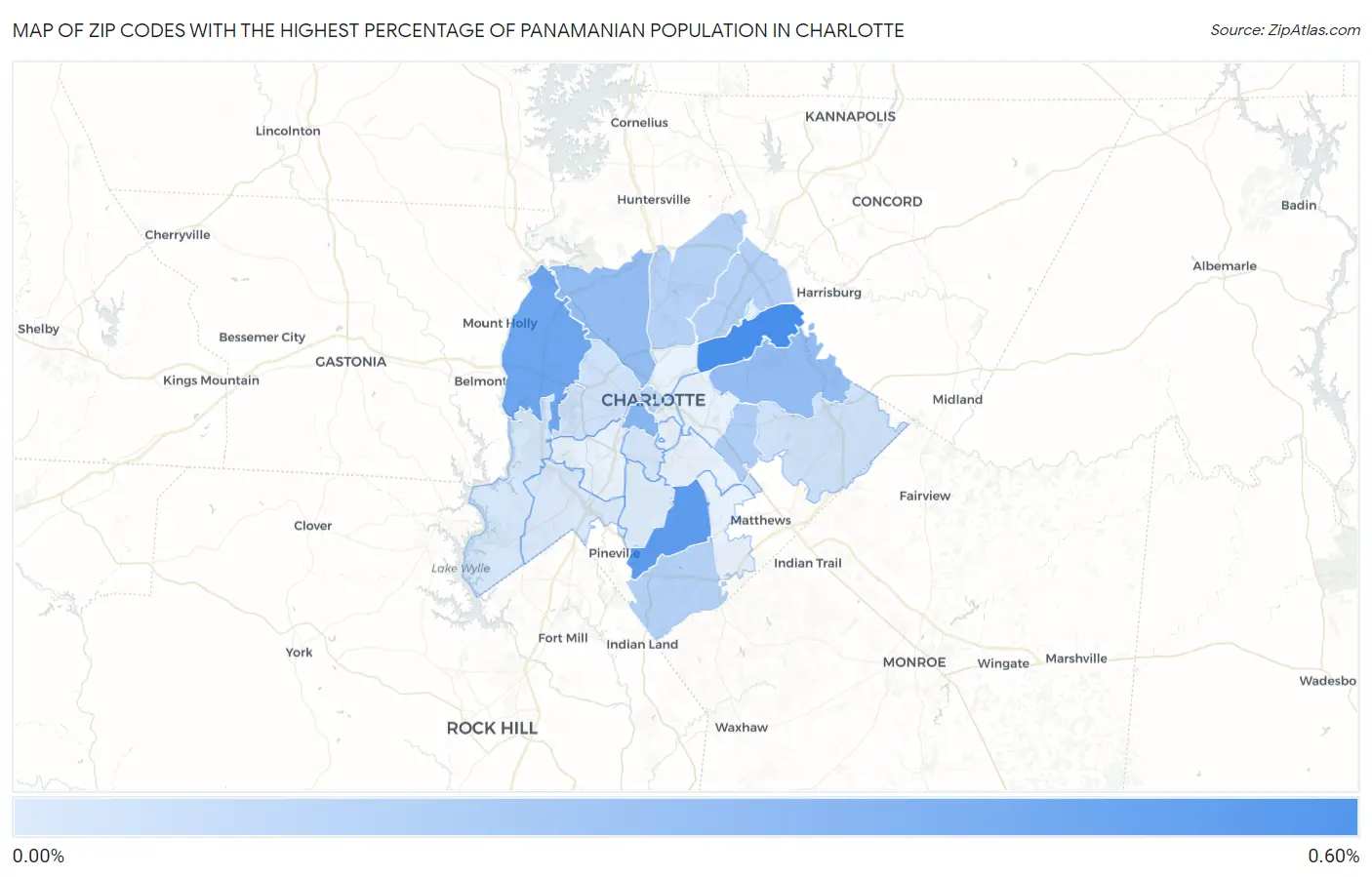 Zip Codes with the Highest Percentage of Panamanian Population in Charlotte Map