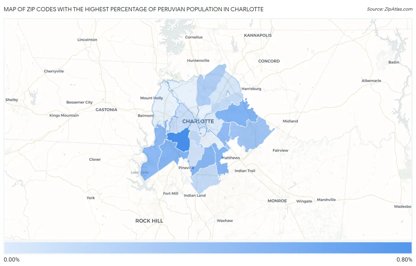 Zip Codes with the Highest Percentage of Peruvian Population in Charlotte Map