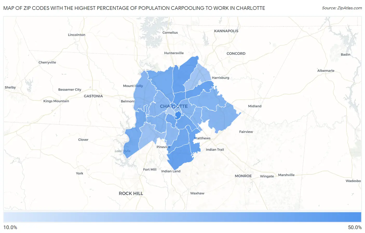 Zip Codes with the Highest Percentage of Population Carpooling to Work in Charlotte Map