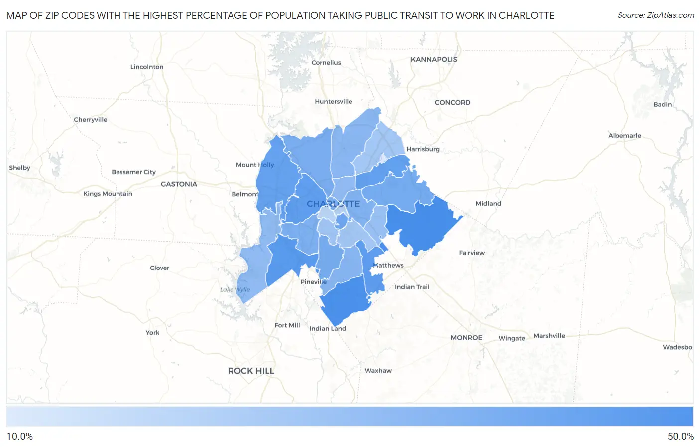 Zip Codes with the Highest Percentage of Population Taking Public Transit to Work in Charlotte Map