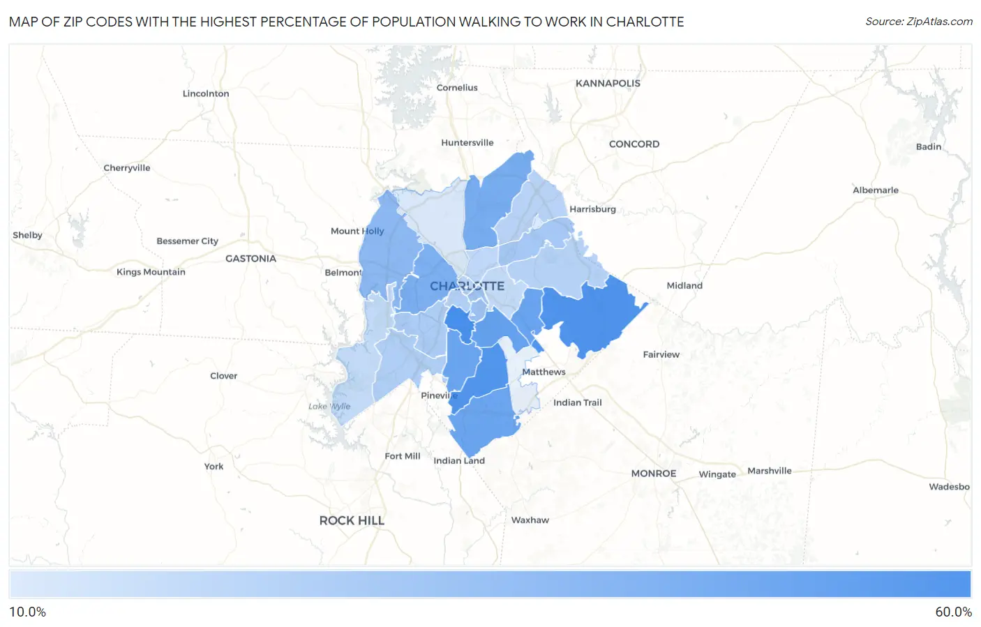 Zip Codes with the Highest Percentage of Population Walking to Work in Charlotte Map