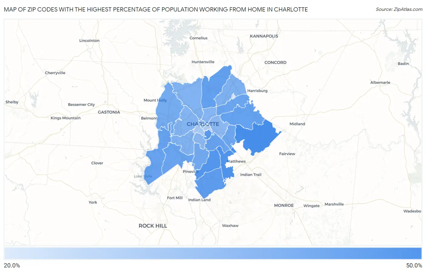 Zip Codes with the Highest Percentage of Population Working from Home in Charlotte Map
