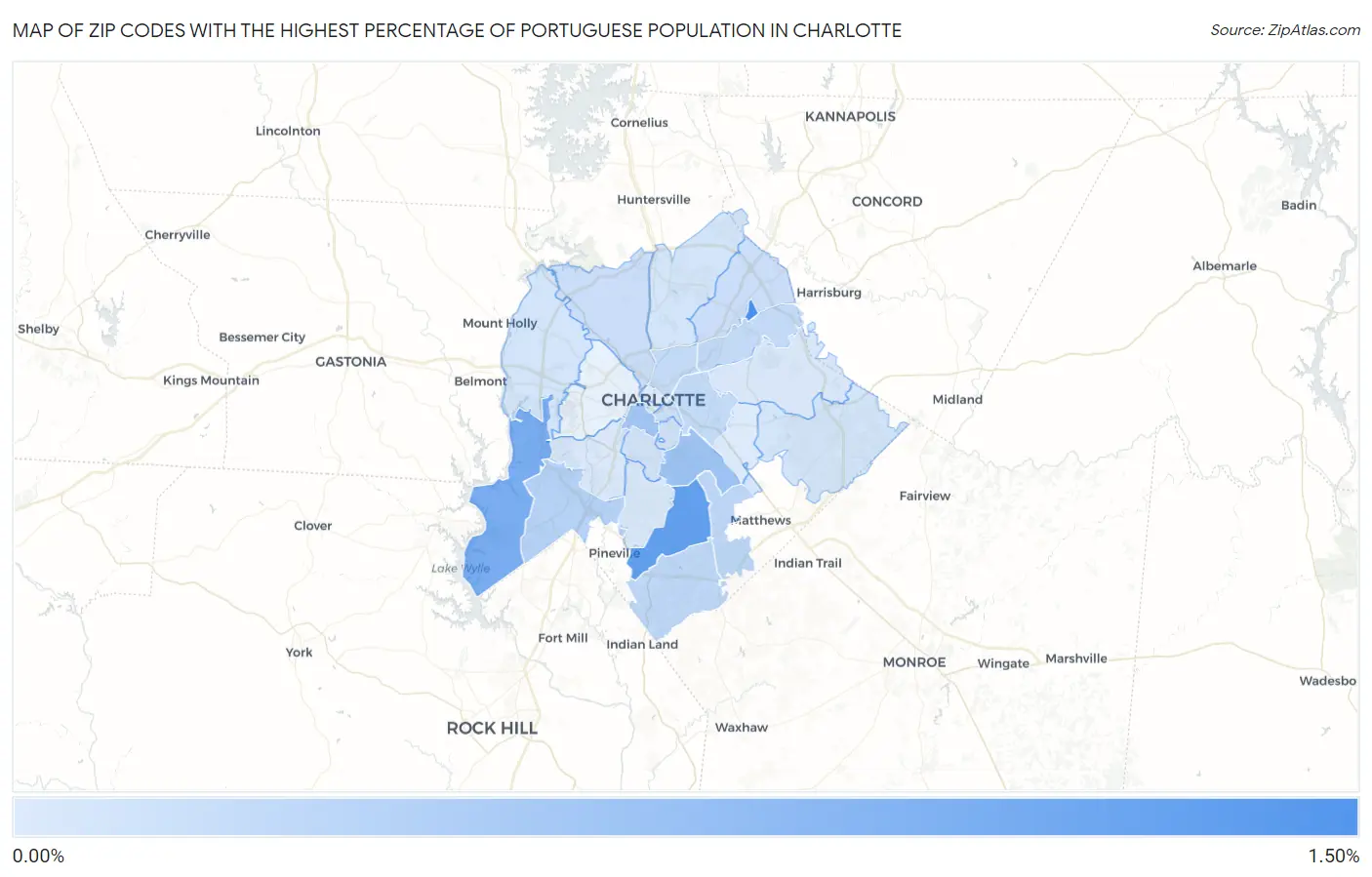 Zip Codes with the Highest Percentage of Portuguese Population in Charlotte Map