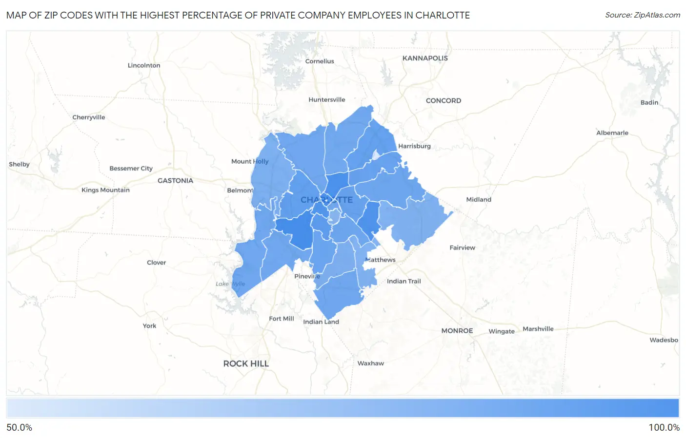 Zip Codes with the Highest Percentage of Private Company Employees in Charlotte Map