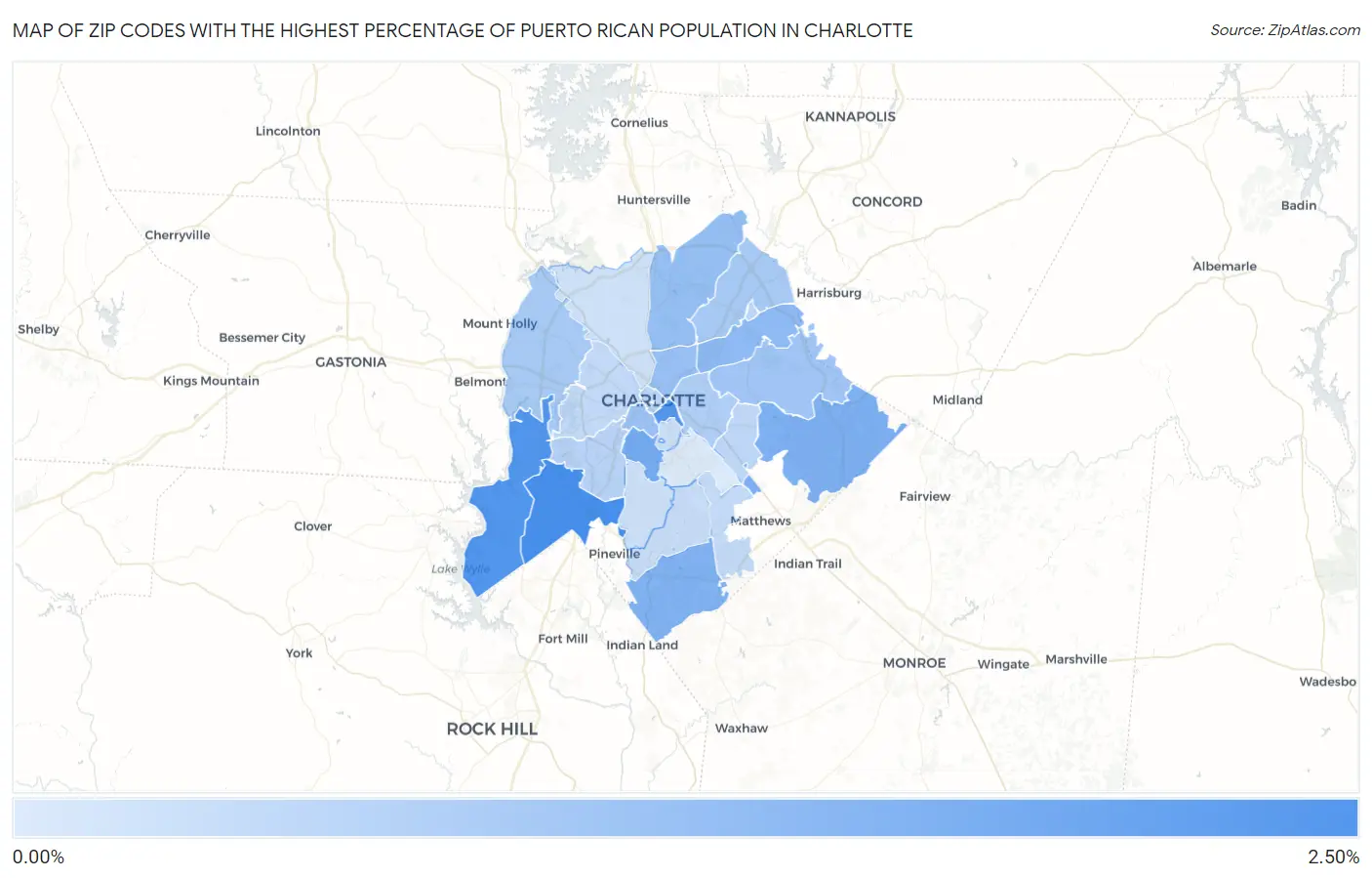 Zip Codes with the Highest Percentage of Puerto Rican Population in Charlotte Map