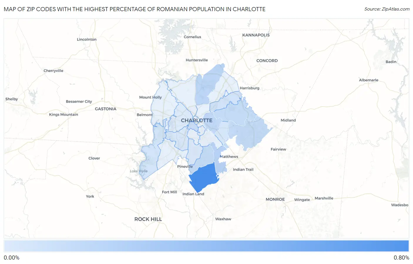 Zip Codes with the Highest Percentage of Romanian Population in Charlotte Map