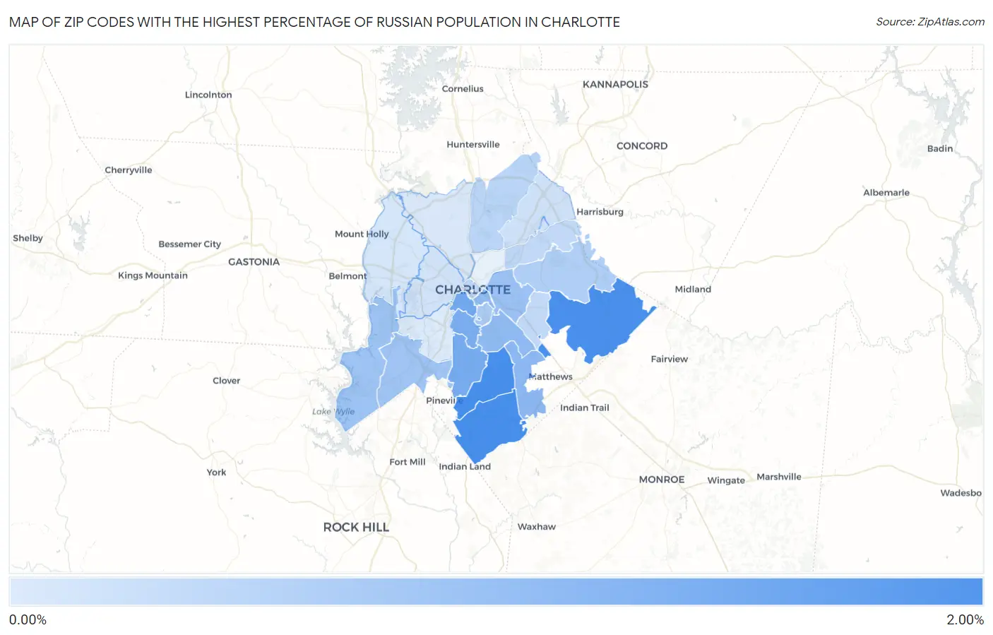 Zip Codes with the Highest Percentage of Russian Population in Charlotte Map