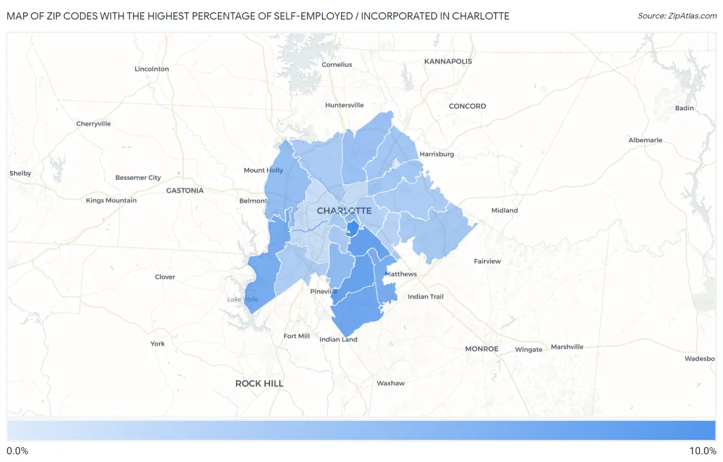 Zip Codes with the Highest Percentage of Self-Employed / Incorporated in Charlotte Map