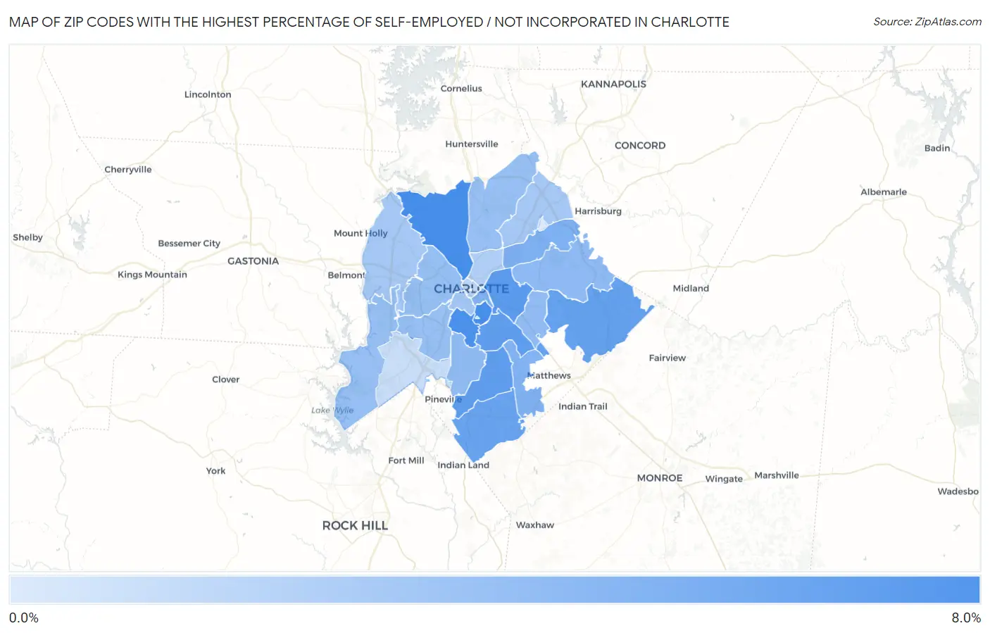 Zip Codes with the Highest Percentage of Self-Employed / Not Incorporated in Charlotte Map